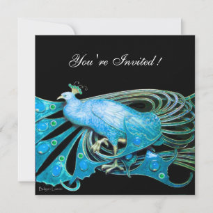 ELEGANT PEACOCK IN BLUE BLACK TEAL WEDDING PARTY INVITATION