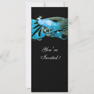 ELEGANT PEACOCK IN BLUE  BLACK TEAL WEDDING PARTY INVITATION