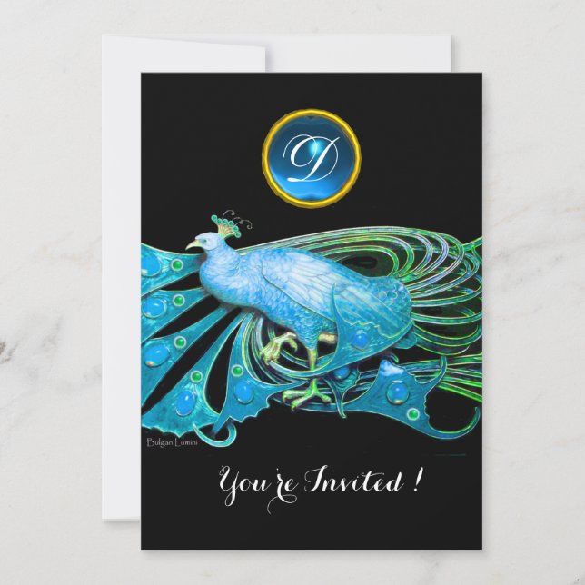 ELEGANT PEACOCK IN BLUE BLACK TEAL WEDDING PARTY INVITATION (Front)