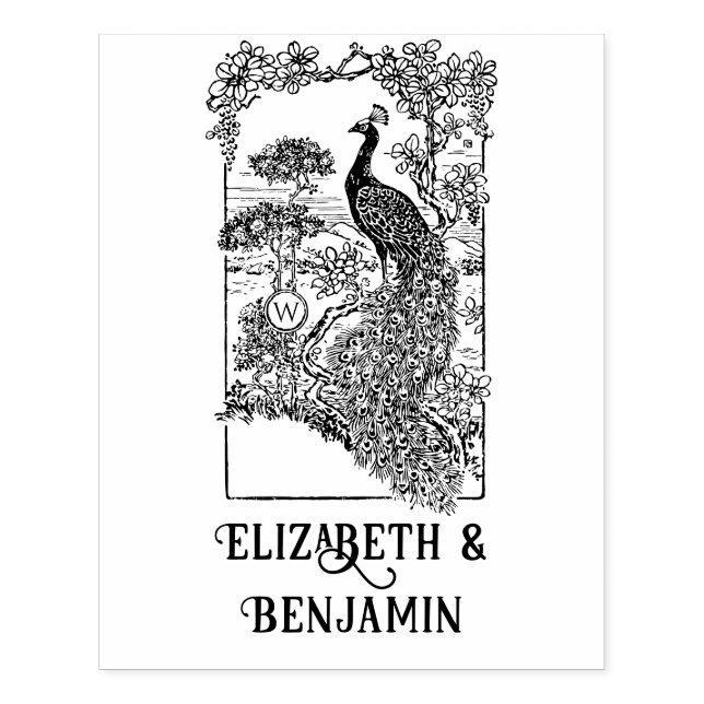 Elegant Peacock in Garden Couple Name Initial  Rubber Stamp (Imprint)