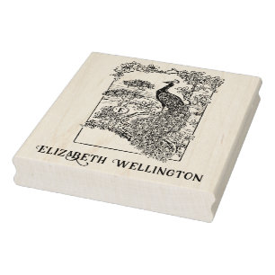 Elegant Peacock in Garden Name Initial  Rubber Stamp