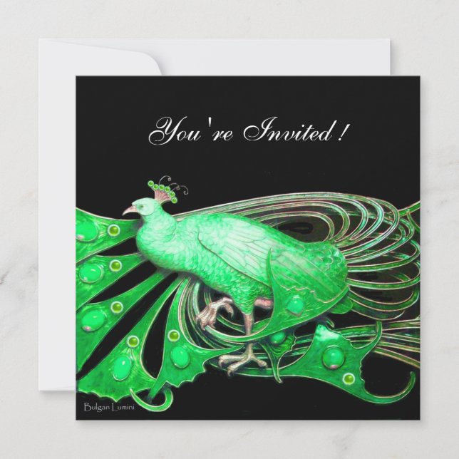 ELEGANT PEACOCK  IN GREEN AND BLACK INVITATION (Front)