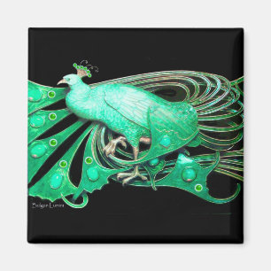 ELEGANT PEACOCK IN GREEN,BLACK MAGNET
