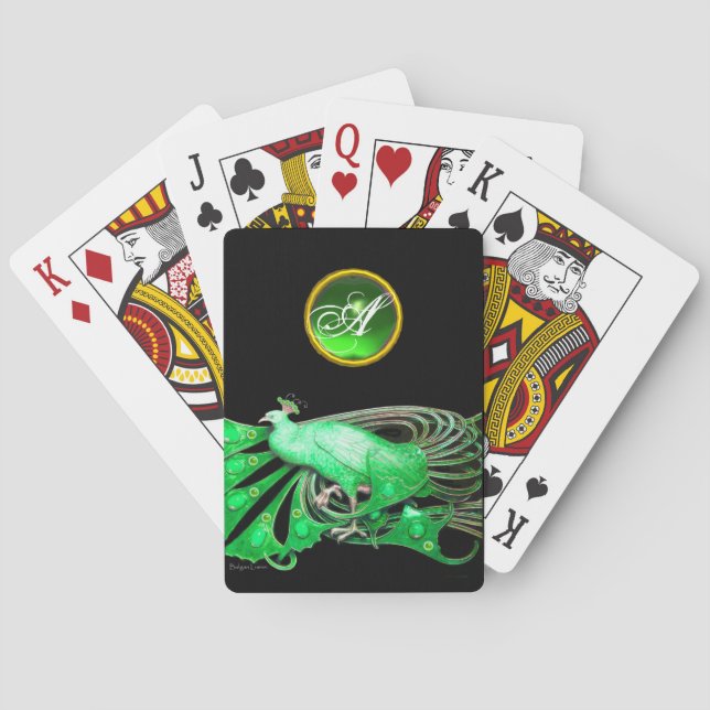 ELEGANT PEACOCK IN GREEN EMERALD MONOGRAM PLAYING CARDS (Back)