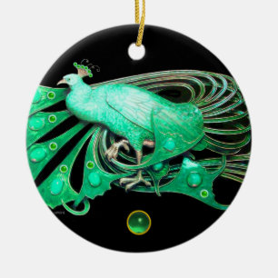 ELEGANT PEACOCK IN GREEN JADE CERAMIC TREE DECORATION