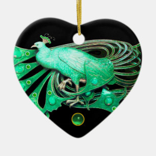 ELEGANT PEACOCK IN GREEN JADE HEART CERAMIC TREE DECORATION