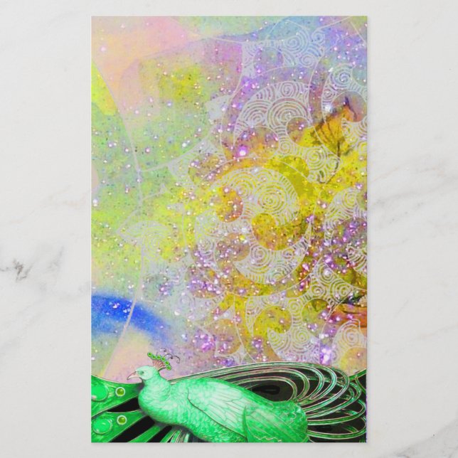 ELEGANT PEACOCK IN GREEN SPARKLING YELLOW PURPLE STATIONERY (Front)