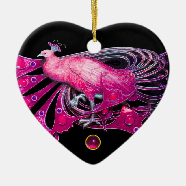 ELEGANT PEACOCK IN PINK FUCHSIA AMETHYST HEART CERAMIC TREE DECORATION (Front)