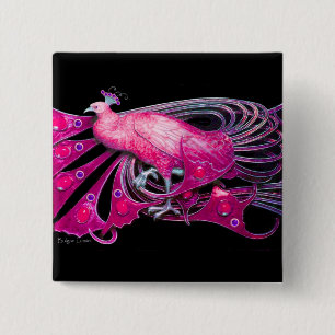 ELEGANT PEACOCK IN PINK,FUCHSIA ,BLACK 15 CM SQUARE BADGE