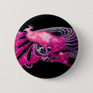 ELEGANT PEACOCK IN PINK,FUCHSIA ,BLACK 6 CM ROUND BADGE