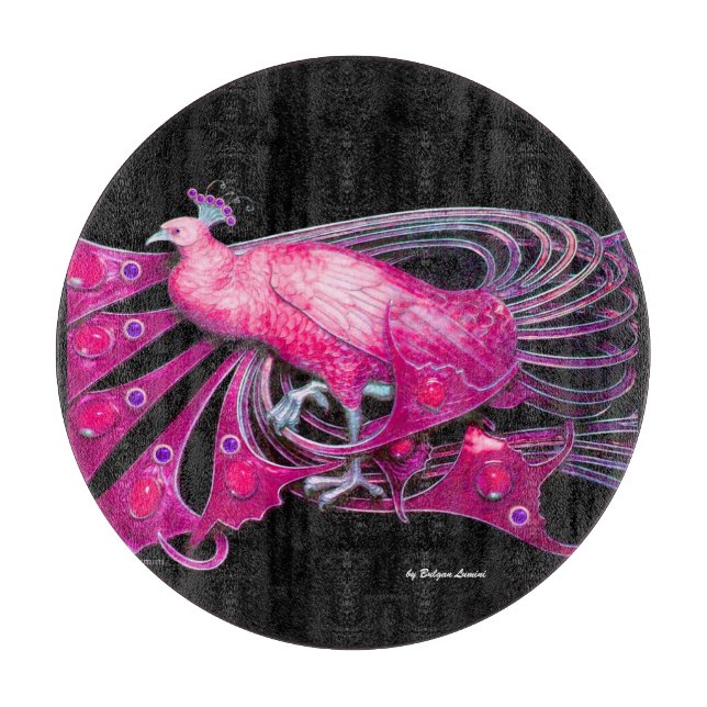 ELEGANT PEACOCK IN PINK FUCHSIA BLACK  CAKE  CUTTING BOARD (Front)