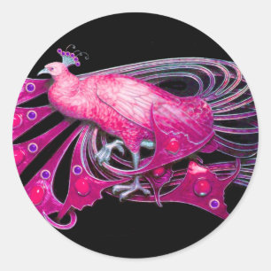 ELEGANT PEACOCK IN PINK,FUCHSIA ,BLACK CLASSIC ROUND STICKER