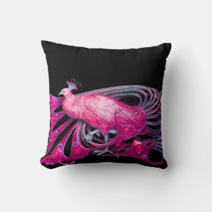 ELEGANT PEACOCK IN PINK FUCHSIA BLACK CUSHION