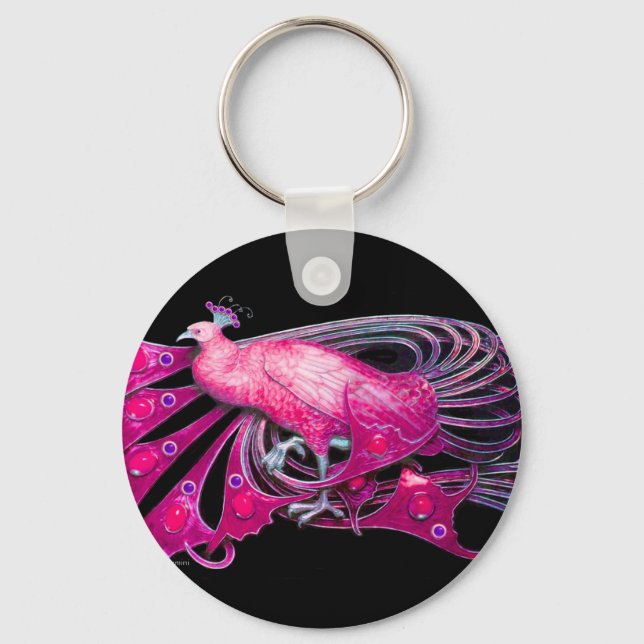 ELEGANT PEACOCK IN PINK,FUCHSIA ,BLACK KEY RING (Front)