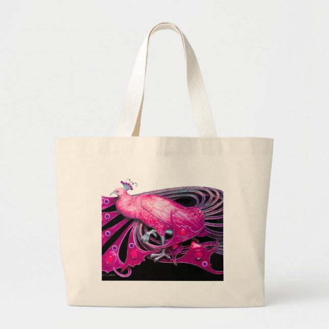 ELEGANT PEACOCK IN PINK,FUCHSIA ,BLACK LARGE TOTE BAG (Front)