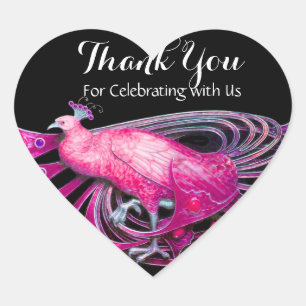 ELEGANT PEACOCK IN PINK,FUCHSIA ,BLACK Thank You Heart Sticker