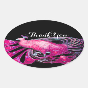 ELEGANT PEACOCK IN PINK,FUCHSIA ,BLACK Thank You Oval Sticker