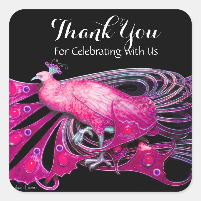 ELEGANT PEACOCK IN PINK,FUCHSIA ,BLACK Thank You Square Sticker (Front)