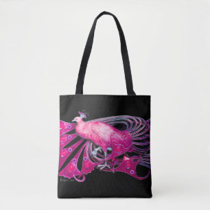 ELEGANT PEACOCK IN PINK,FUCHSIA ,BLACK TOTE BAG