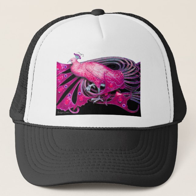 ELEGANT PEACOCK IN PINK,FUCHSIA ,BLACK TRUCKER HAT (Front)