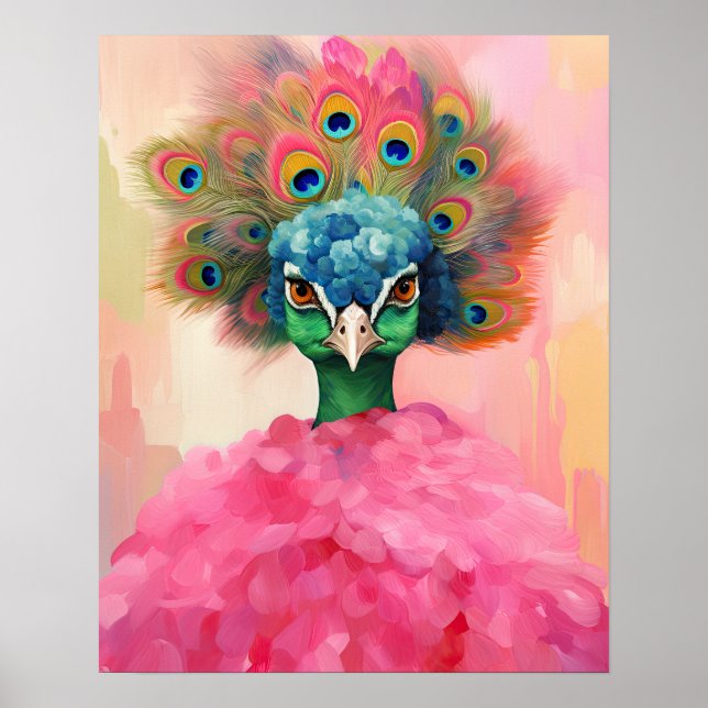 Elegant Peacock in Pink Fur Animal Fashion Art Poster (Front)