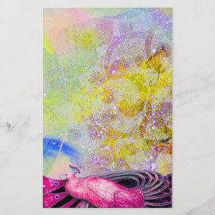 ELEGANT PEACOCK IN PINK,SPARKLING YELLOW PURPLE STATIONERY