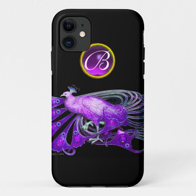 ELEGANT PEACOCK IN PURPLE, AMETHYST MONOGRAM Case-Mate iPhone CASE (Back)