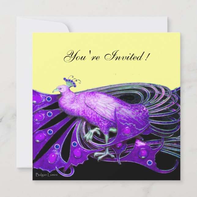 ELEGANT PEACOCK IN PURPLE BLACK AND GOLD YELLOW INVITATION (Front)
