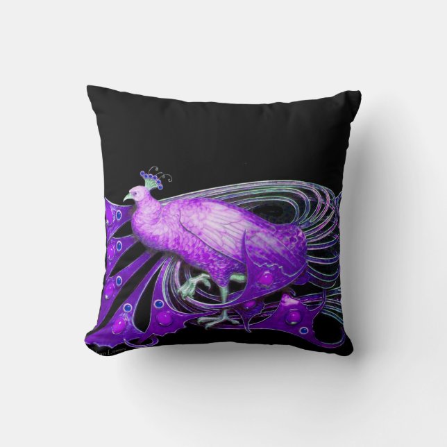 ELEGANT PEACOCK IN PURPLE BLACK CUSHION (Front)