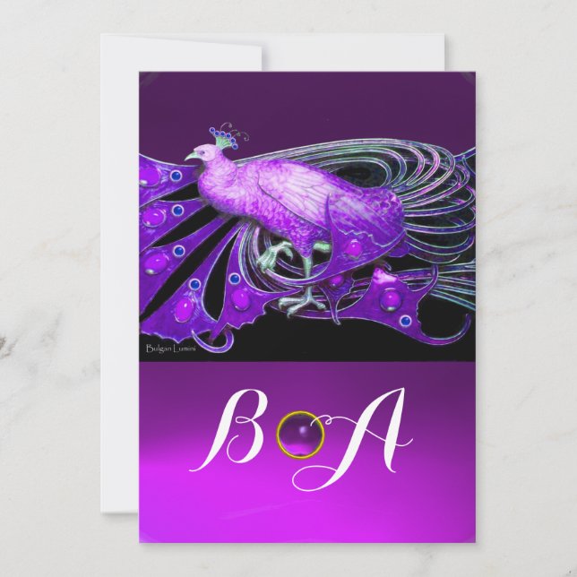ELEGANT PEACOCK IN PURPLE,BLACK WEDDING  MONOGRAM INVITATION (Front)