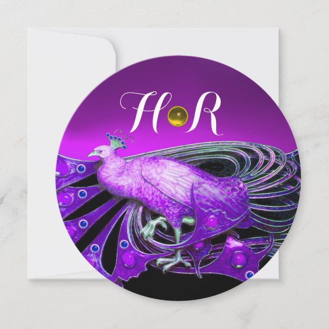 ELEGANT PEACOCK IN PURPLE,BLACK WEDDING  MONOGRAM INVITATION (Front)