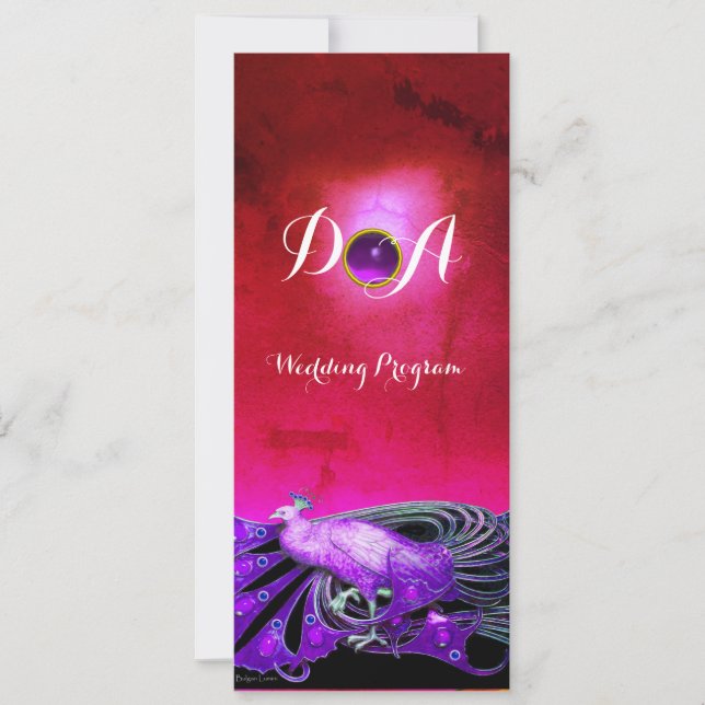 ELEGANT PEACOCK IN PURPLE,BLACK WEDDING  MONOGRAM INVITATION (Front)
