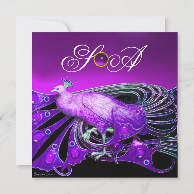 ELEGANT PEACOCK IN PURPLE,BLACK WEDDING  MONOGRAM INVITATION (Front)