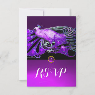 ELEGANT PEACOCK IN PURPLE,BLACK WEDDING RSVP CARD