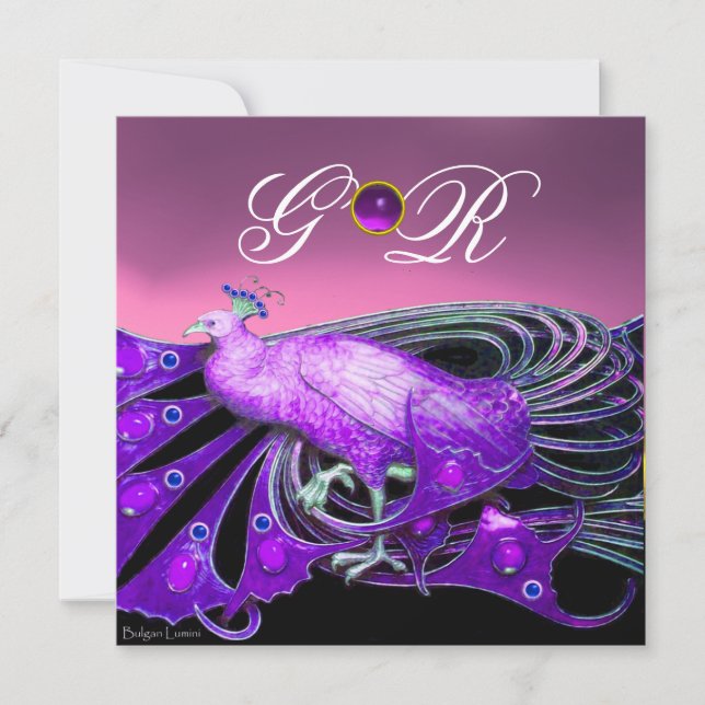 ELEGANT PEACOCK IN PURPLE, PINK WEDDING  MONOGRAM INVITATION (Front)