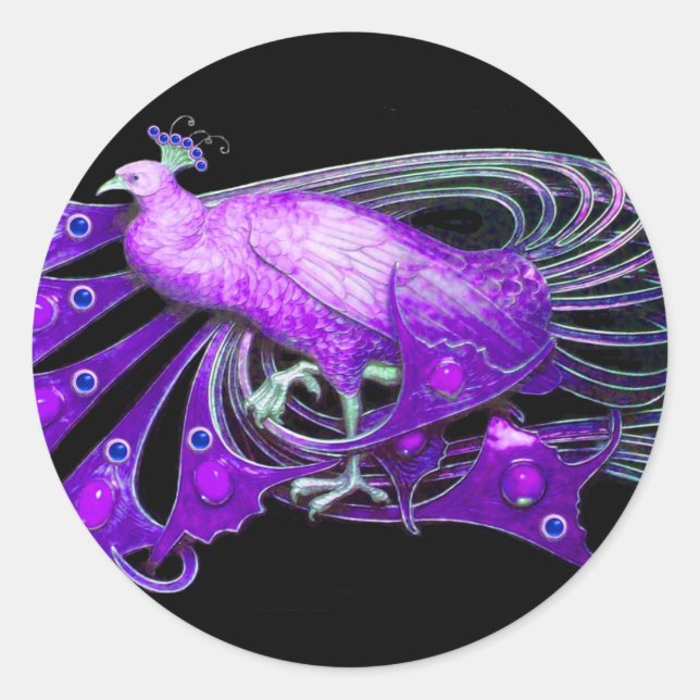 ELEGANT PEACOCK IN PURPLE VIOLET ,BLACK CLASSIC ROUND STICKER (Front)