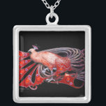 ELEGANT PEACOCK IN RED AND BLACK SILVER PLATED NECKLACE<br><div class="desc">Colourful and classy design with bright 3D gemstones Digital  graphic design by Bulgan Lumini . Part from new collection ARCADIA .</div>