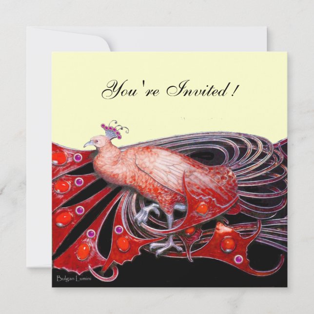ELEGANT PEACOCK IN RED  BLACK AND GOLD Metallic Invitation (Front)