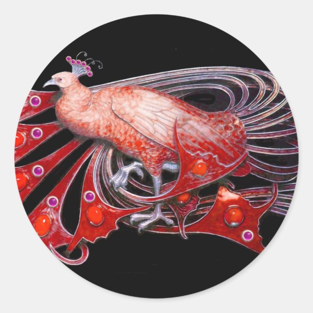 ELEGANT PEACOCK IN RED,BLACK CLASSIC ROUND STICKER (Front)