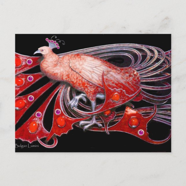 ELEGANT PEACOCK IN RED BLACK POSTCARD (Front)