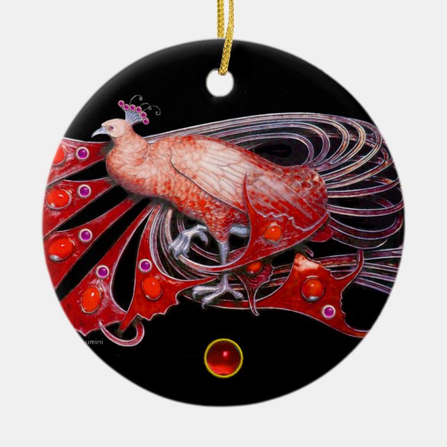 ELEGANT PEACOCK IN RED RUBY CERAMIC TREE DECORATION (Front)
