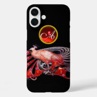 ELEGANT PEACOCK IN RED, RUBY MONOGRAM