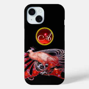 ELEGANT PEACOCK IN RED, RUBY MONOGRAM iPhone 15 CASE