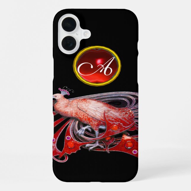 ELEGANT PEACOCK IN RED, RUBY MONOGRAM iPhone CASE (Back)