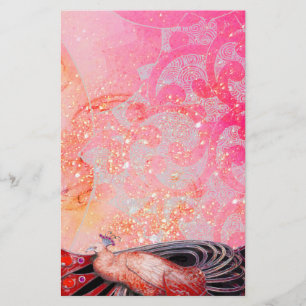 ELEGANT PEACOCK IN RED SPARKLING PINK FUCHSIA STATIONERY