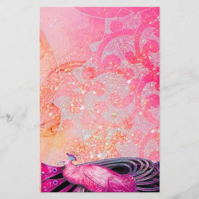 ELEGANT PEACOCK IN SPARKLING PINK FUCHSIA STATIONERY (Front)