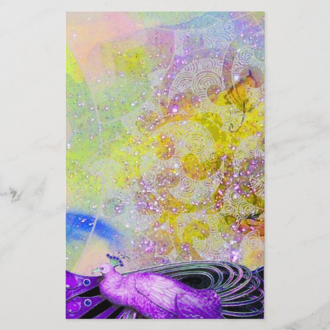 ELEGANT PEACOCK IN SPARKLING YELLOW PURPLE STATIONERY (Front)