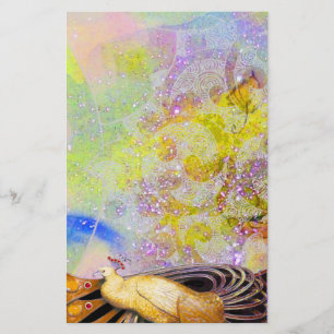 ELEGANT PEACOCK IN SPARKLING YELLOW PURPLE STATIONERY