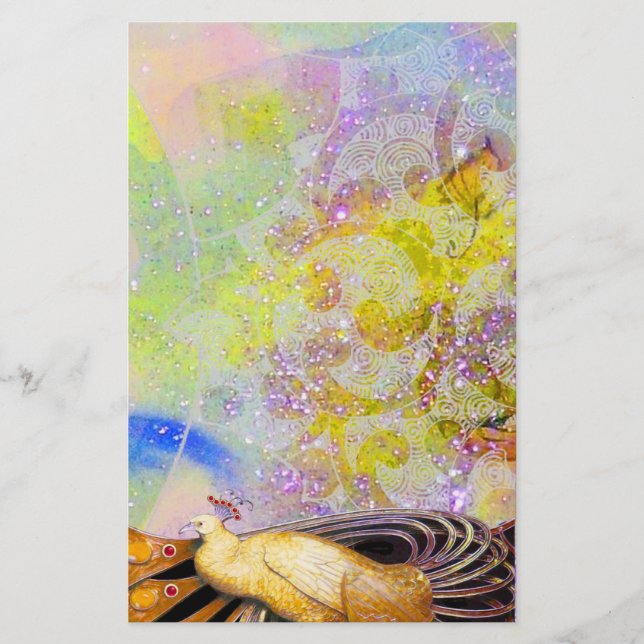 ELEGANT PEACOCK IN SPARKLING YELLOW PURPLE STATIONERY (Front)