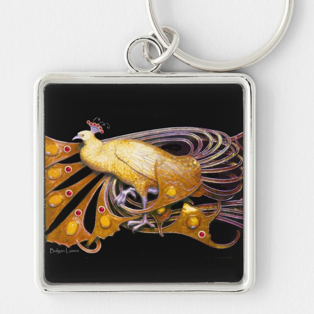 ELEGANT PEACOCK IN YELLOW AND BLACK KEY RING (Front)